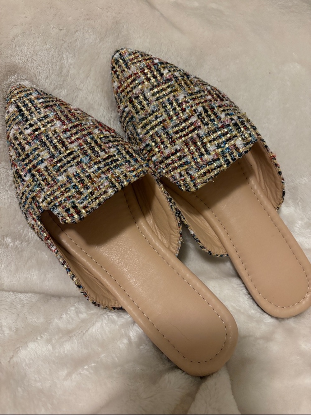 Multicolor Tweed Pointed Mules